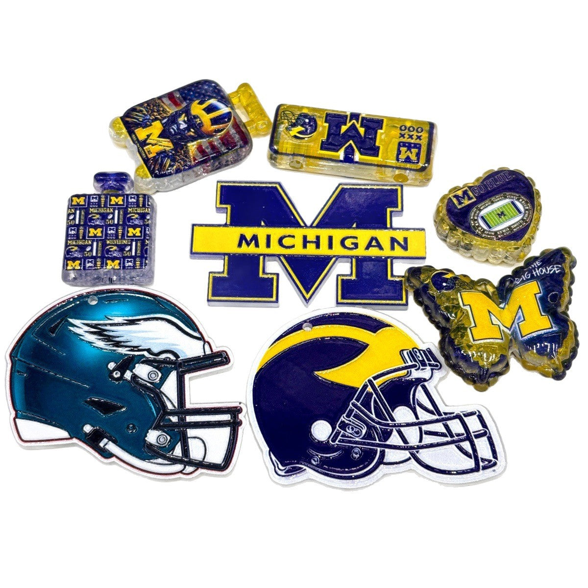 Game Day Football Acrylic Focal Beads & Charms, Blue & Maize "M" Letter & Helmet Pendants for Beadable Pens & Keychains