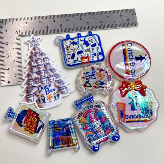 Blue Windmill Coffee Acrylic Focal Beads, Free Birthday Drink Luggage & Holiday Tree Charms for Beadable Pens & Keychains