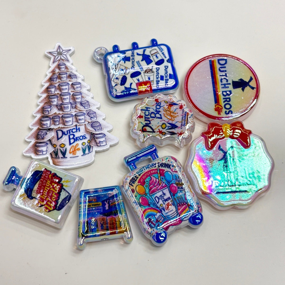 Blue Windmill Coffee Acrylic Focal Beads, Free Birthday Drink Luggage & Holiday Tree Charms for Beadable Pens & Keychains