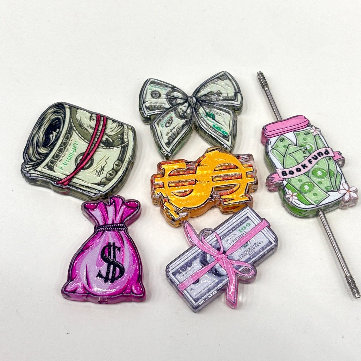 Cash Money Acrylic Focal Beads, Dollar Bill Roll & Book Fund Jar Beads for DIY Beadable Pens & Keychains