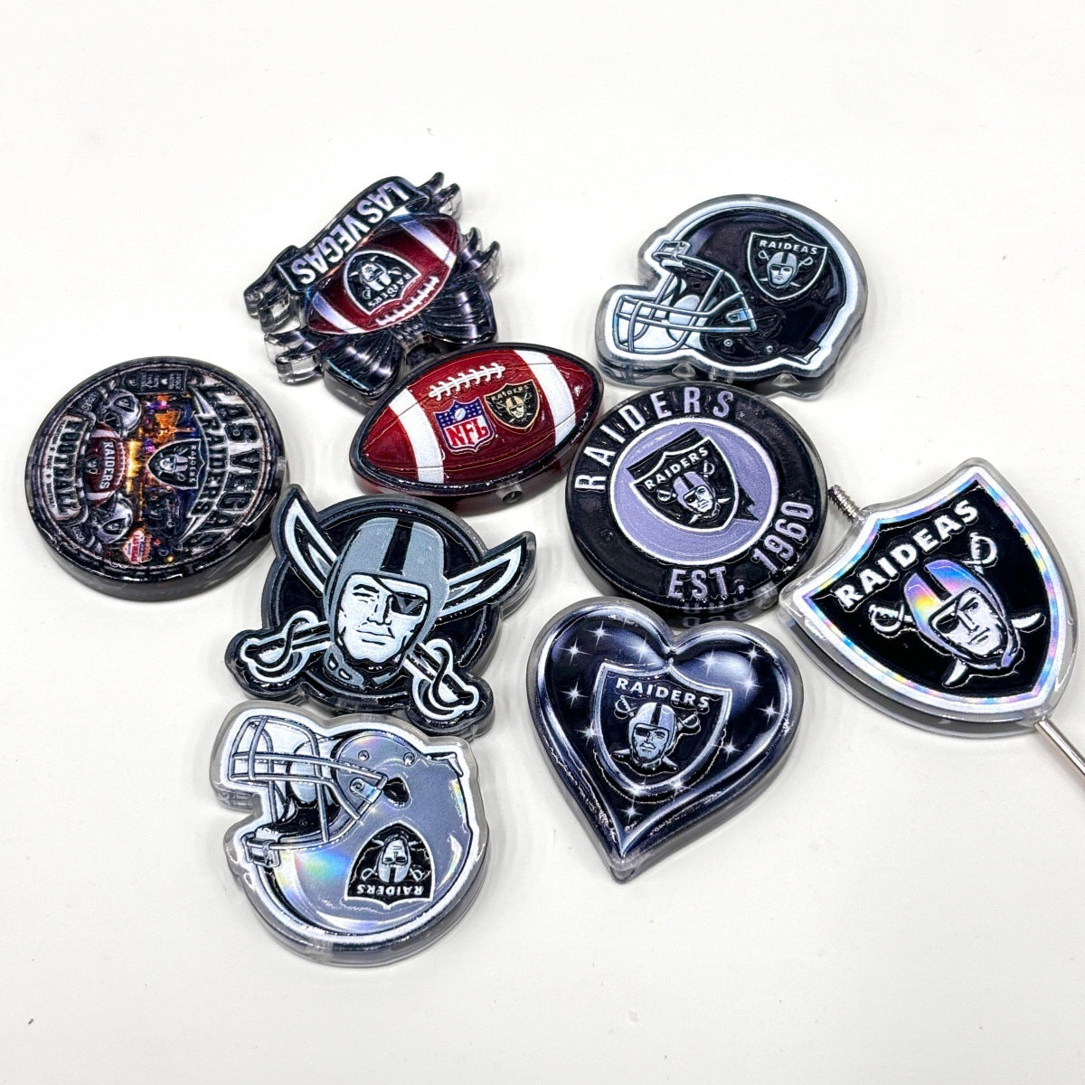 Silver & Black Football Acrylic Focal Beads, Pirate Mascot & Battle Helmet Beads for DIY Beadable Pens & Keychains
