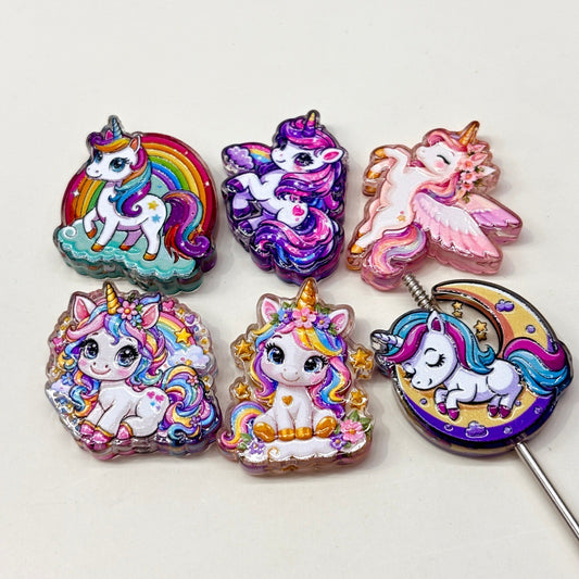 Pastel Rainbow Unicorn Acrylic Focal Beads, Flying Pegasus & Crescent Moon Beads for DIY Beadable Pens & Keychains