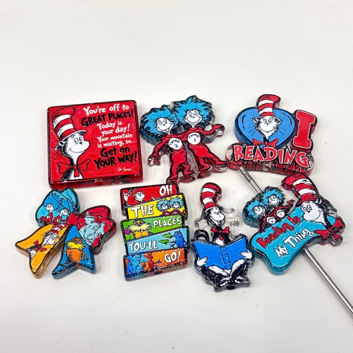 Rhyming Storybook Cat Acrylic Focal Beads, "Great Places" Reading Quote & Blue Hair Twins Beads for DIY Beadable Pens & Keychains