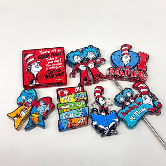 Rhyming Storybook Cat Acrylic Focal Beads, "Great Places" Reading Quote & Blue Hair Twins Beads for DIY Beadable Pens & Keychains