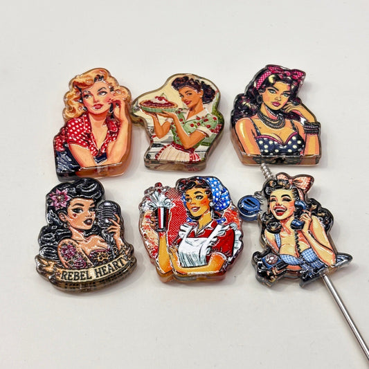 Vintage Pin-Up Girl Acrylic Focal Beads, 1950s Rockabilly & Retro Diner Charms for DIY Beadable Pens & Keychains