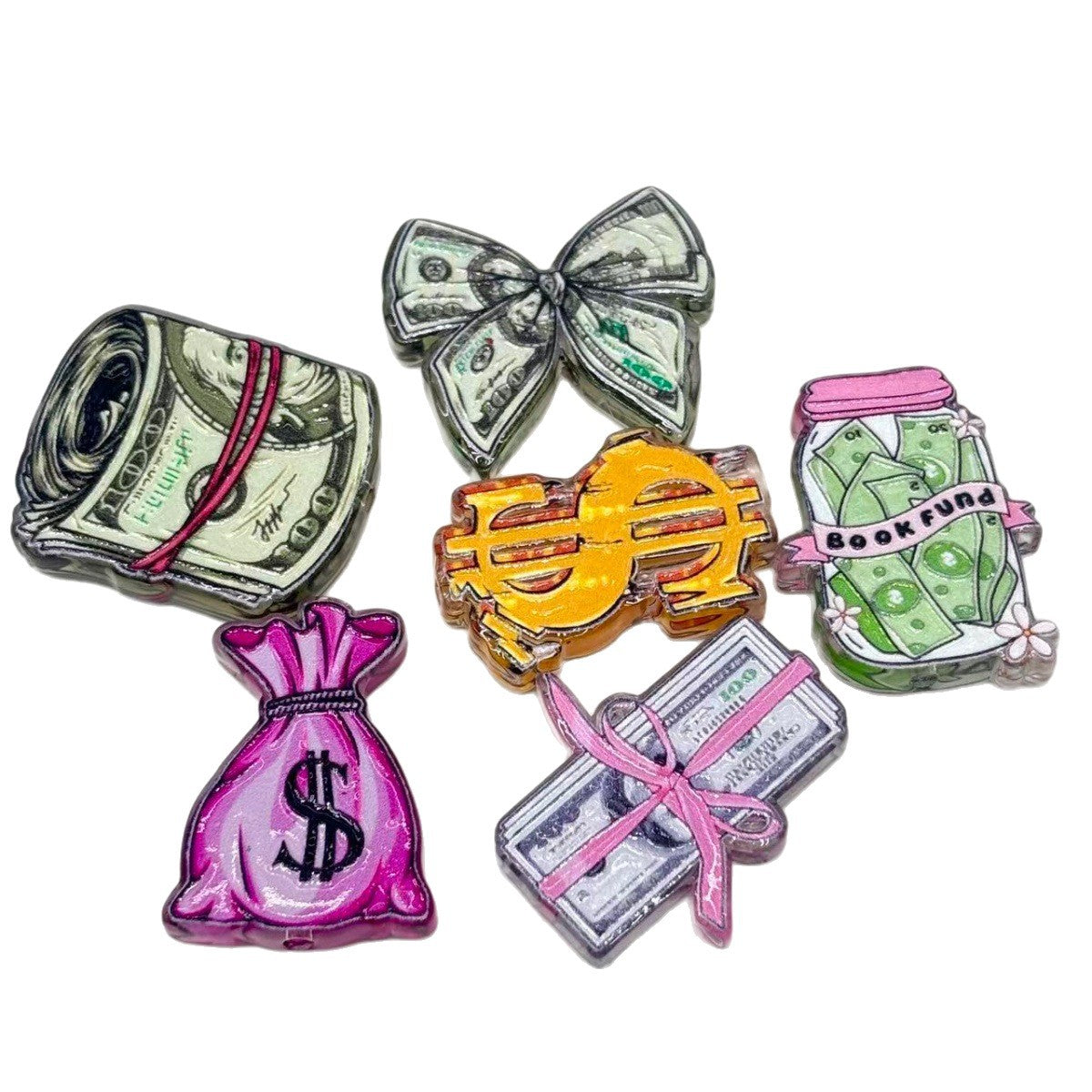 Cash Money Acrylic Focal Beads, Dollar Bill Roll & Book Fund Jar Beads for DIY Beadable Pens & Keychains