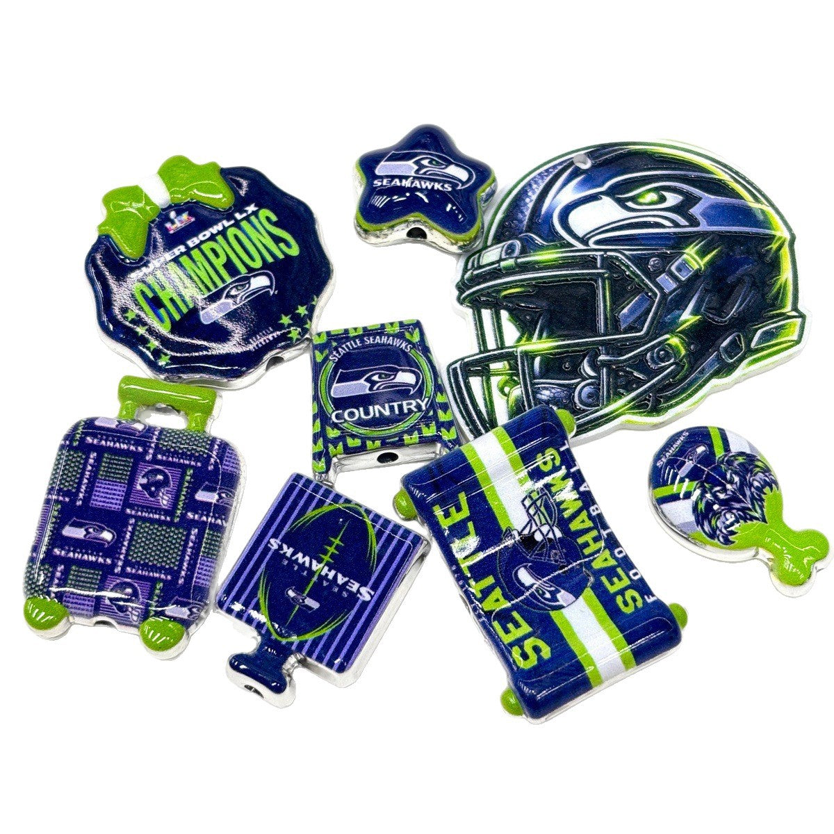 Seattle Game Day Football Acrylic Focal Beads, Navy & Action Green Helmet Beads for DIY Beadable Pens & Keychains