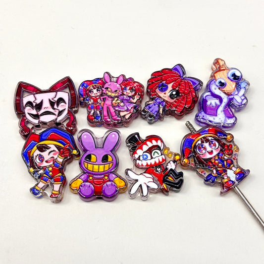 Digital Circus Jester Acrylic Focal Beads, Whimsical Harlequin & Purple Bunny Beads for DIY Beadable Pens & Keychains