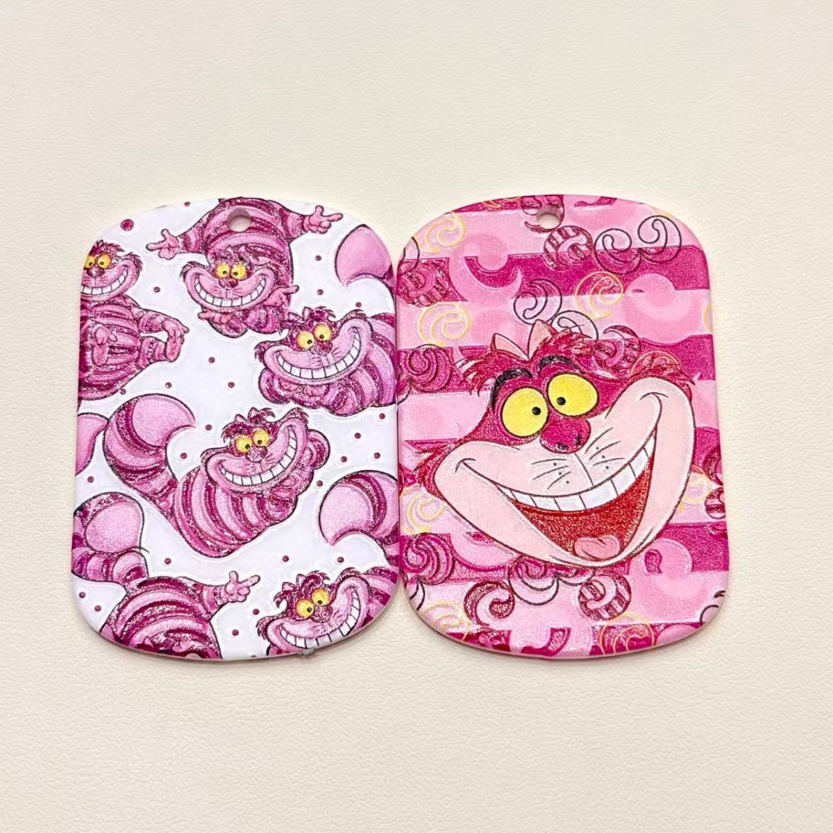 Wonderland Grinning Cat Acrylic Dog Tag Charms, Pink Striped Fairy Tale Pendants with Top Hole for DIY Keychains & Wristlets