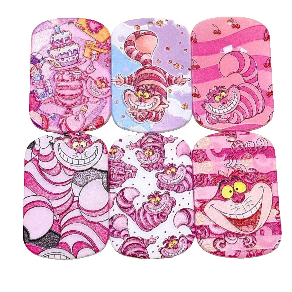 Wonderland Grinning Cat Acrylic Dog Tag Charms, Pink Striped Fairy Tale Pendants with Top Hole for DIY Keychains & Wristlets