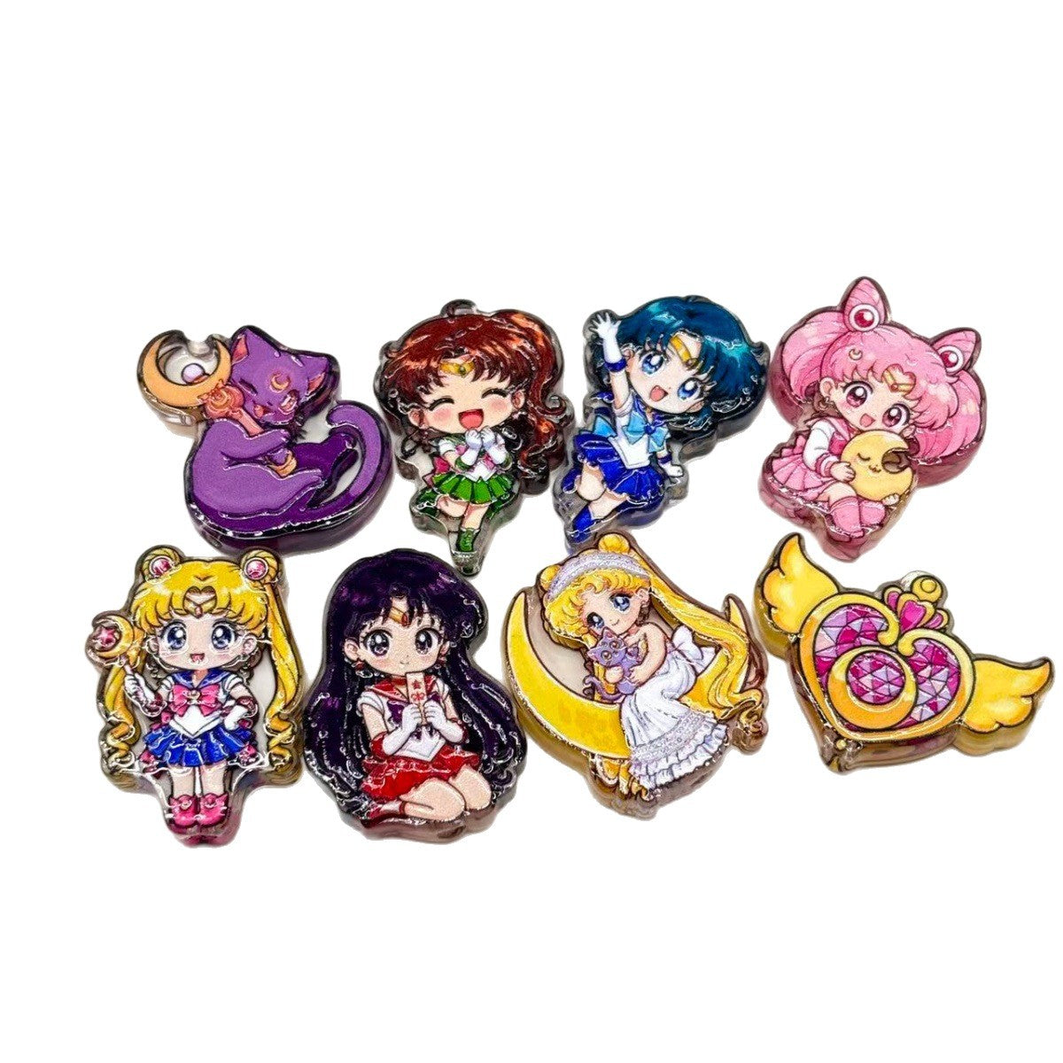 Magical Girl Anime Acrylic Focal Beads, Celestial Moon Guardian & Golden Winged Wand Beads for DIY Beadable Pens & Keychains