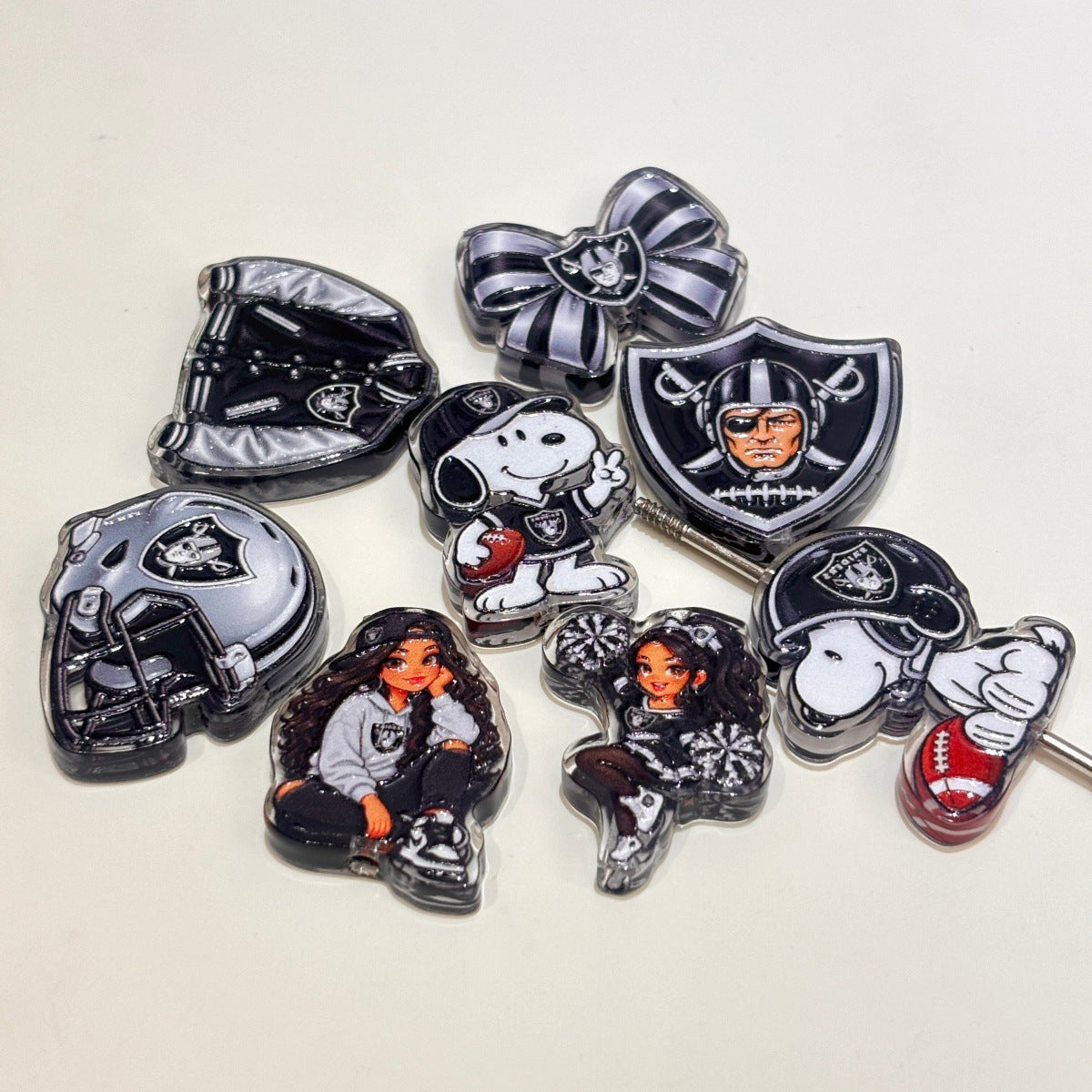 Silver & Black Football Dynasty Acrylic Focal Beads, Pirate Mascot & Cheerleader Girl Beads for DIY Beadable Pens & Keychains
