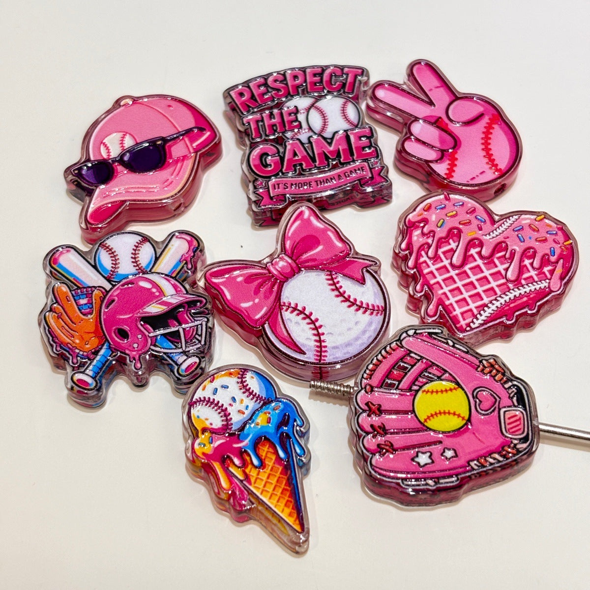 Pink Baseball & Softball Acrylic Focal Beads, Bow Softball & Melting Ice Cream Beads for DIY Beadable Pens & Keychains