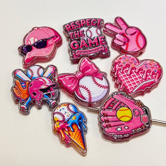 Pink Baseball & Softball Acrylic Focal Beads, Bow Softball & Melting Ice Cream Beads for DIY Beadable Pens & Keychains