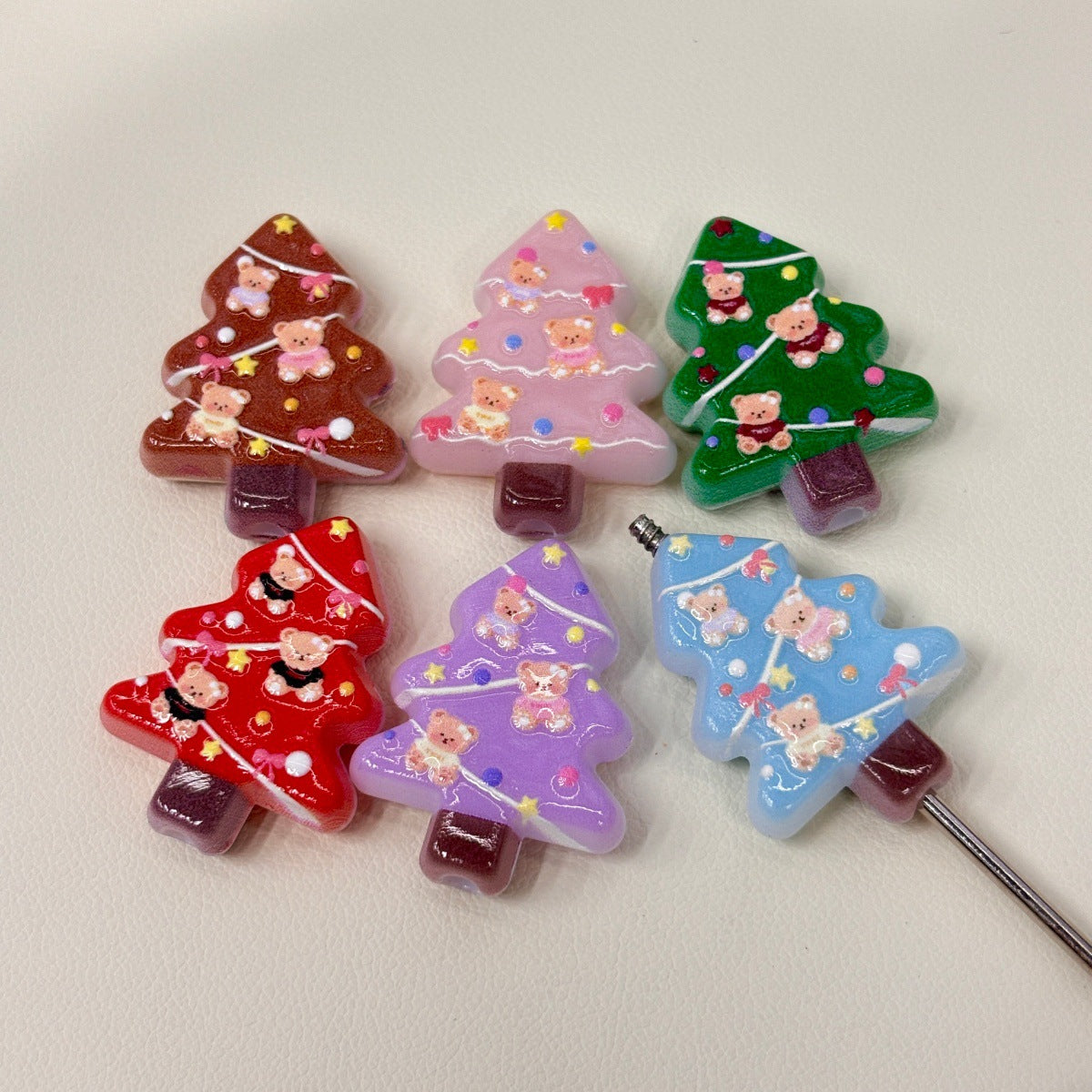 Pastel Teddy Bear Christmas Tree Acrylic Focal Beads, Winter Pine & Fairy Light Tree Beads for DIY Beadable Pens & Keychains