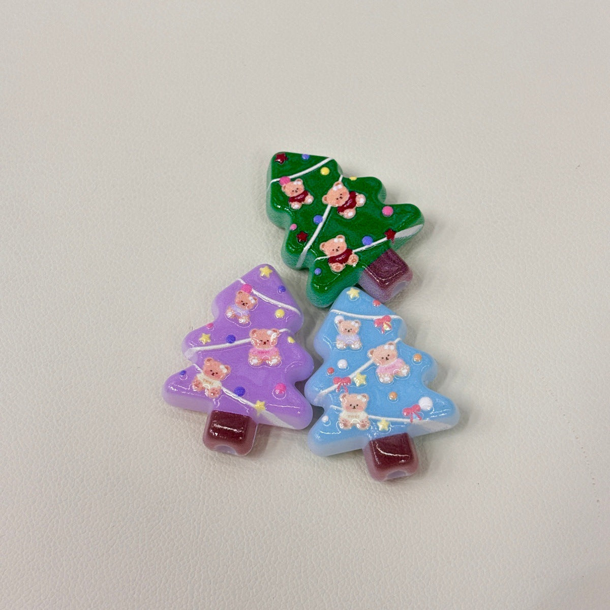Pastel Teddy Bear Christmas Tree Acrylic Focal Beads, Winter Pine & Fairy Light Tree Beads for DIY Beadable Pens & Keychains