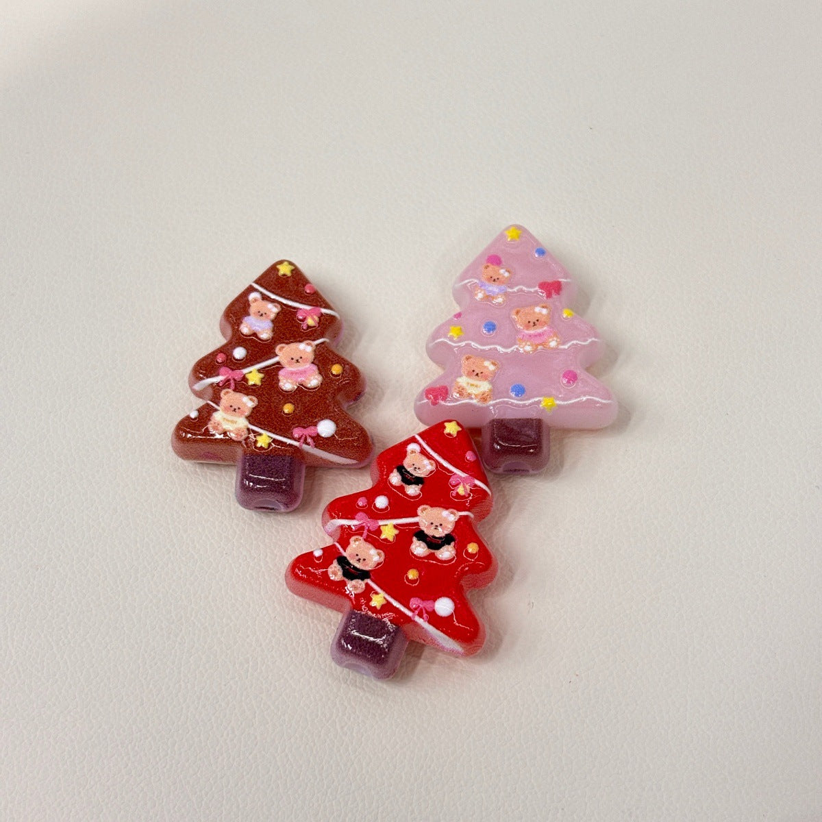 Pastel Teddy Bear Christmas Tree Acrylic Focal Beads, Winter Pine & Fairy Light Tree Beads for DIY Beadable Pens & Keychains