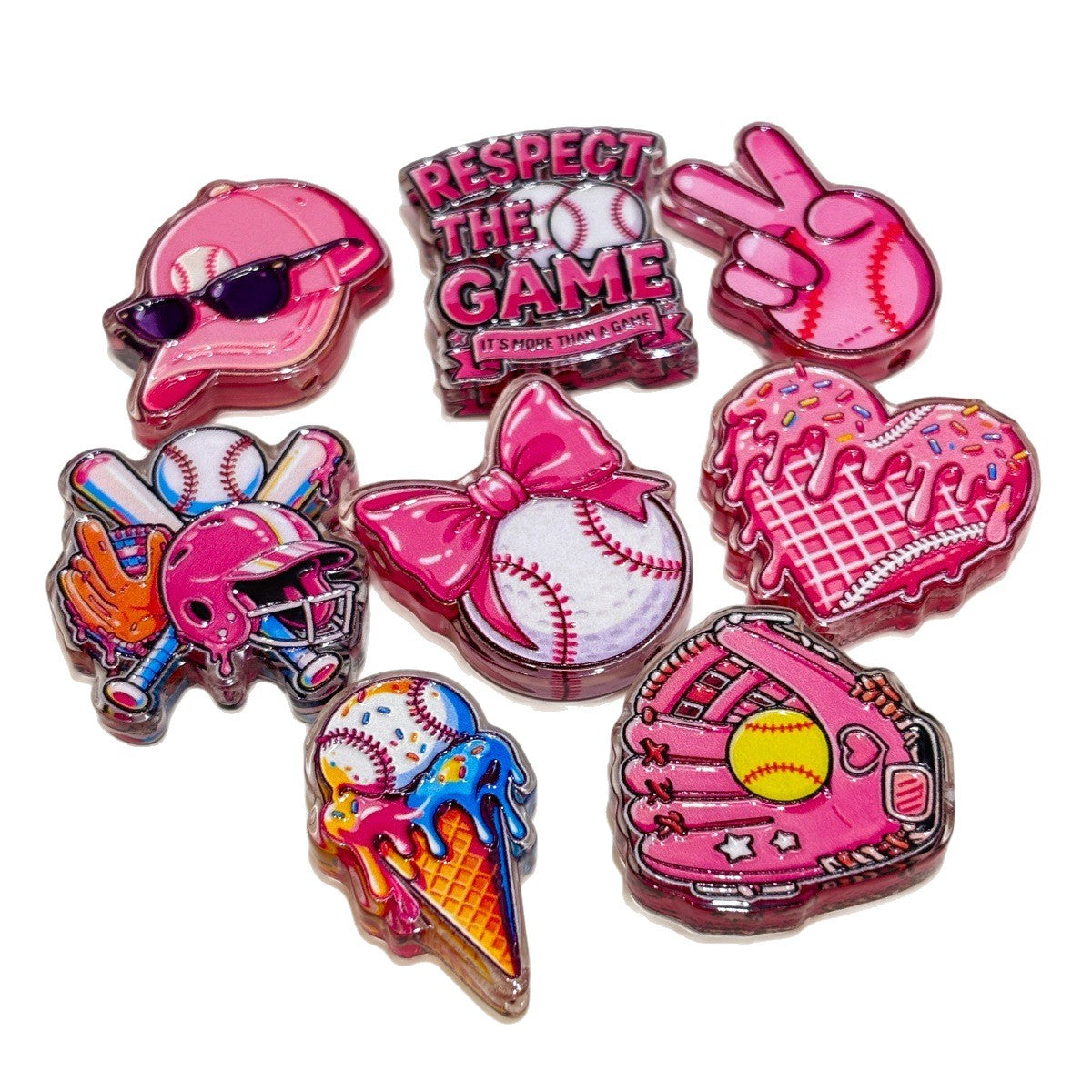 Pink Baseball & Softball Acrylic Focal Beads, Bow Softball & Melting Ice Cream Beads for DIY Beadable Pens & Keychains