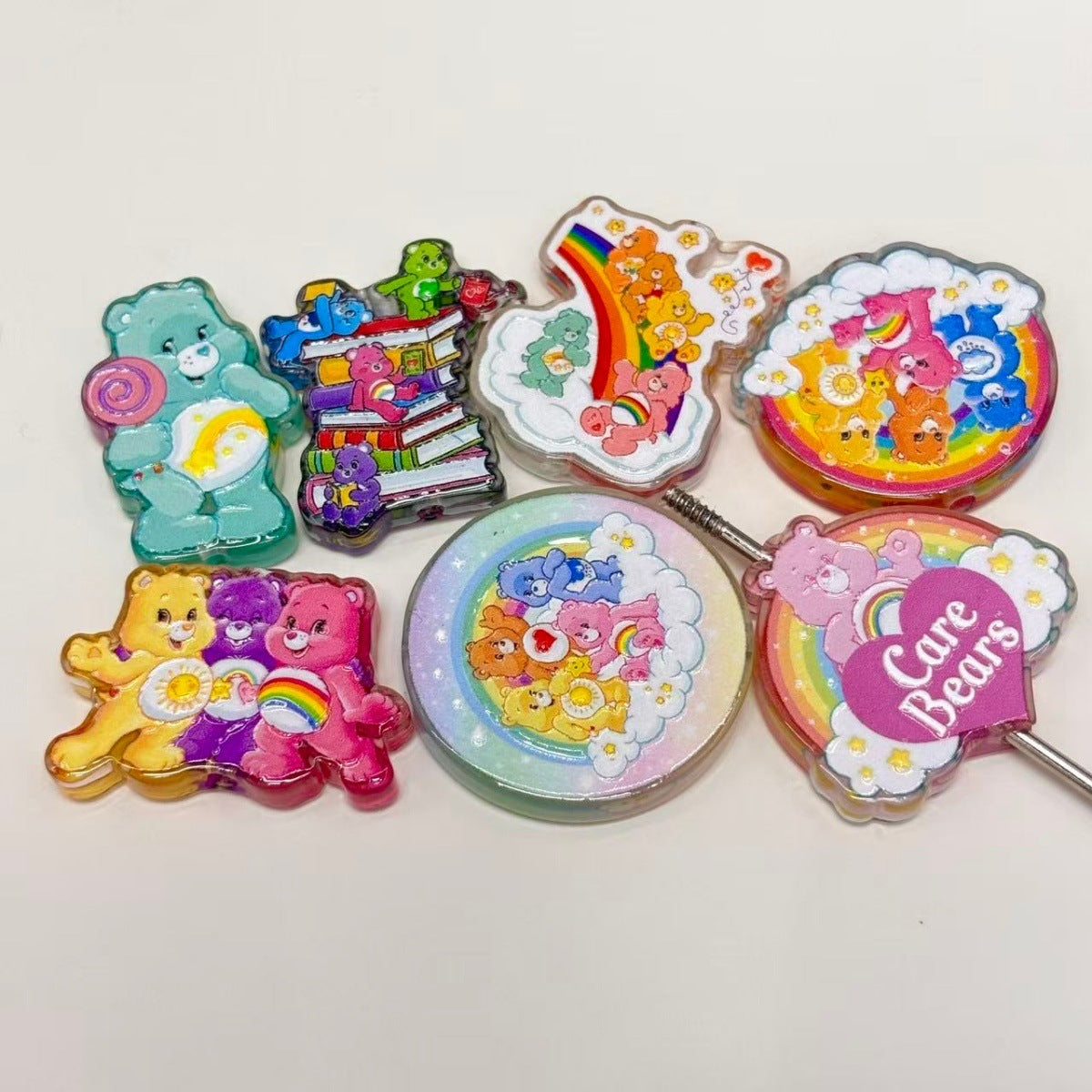 Rainbow Pastel Bear Acrylic Focal Beads, Cloud Belly Badge Teddy & Heart Beads for DIY Beadable Pens & Keychains