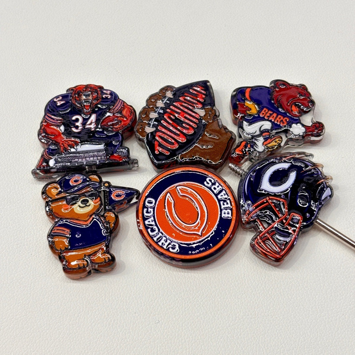 Navy & Orange Football Mascot Acrylic Focal Beads, Windy City Bear & Touchdown Beads for DIY Beadable Pens & Keychains