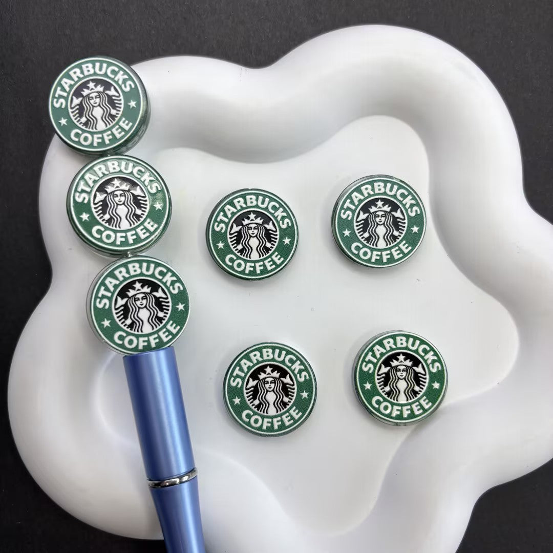 Classic Coffee Brand Emblem Focal Beads Lot — Green & Purple Galaxy Cafe Large Hole Resin Beads for DIY Pens & Keychains