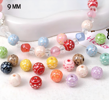 9mm UV Glossy Acrylic Checkerboard Beads, Starburst Carved Round Spacer Beads with 2mm Hole for DIY Phone Charm, Keychain, Jewelry Making