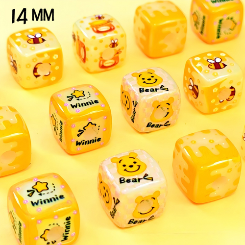 14mm Flat Print Bear & Honey Cube Acrylic Beads, 4mm Large Hole Square Beads with Dripping Cream Pattern for DIY Beadable Pens and Keychains