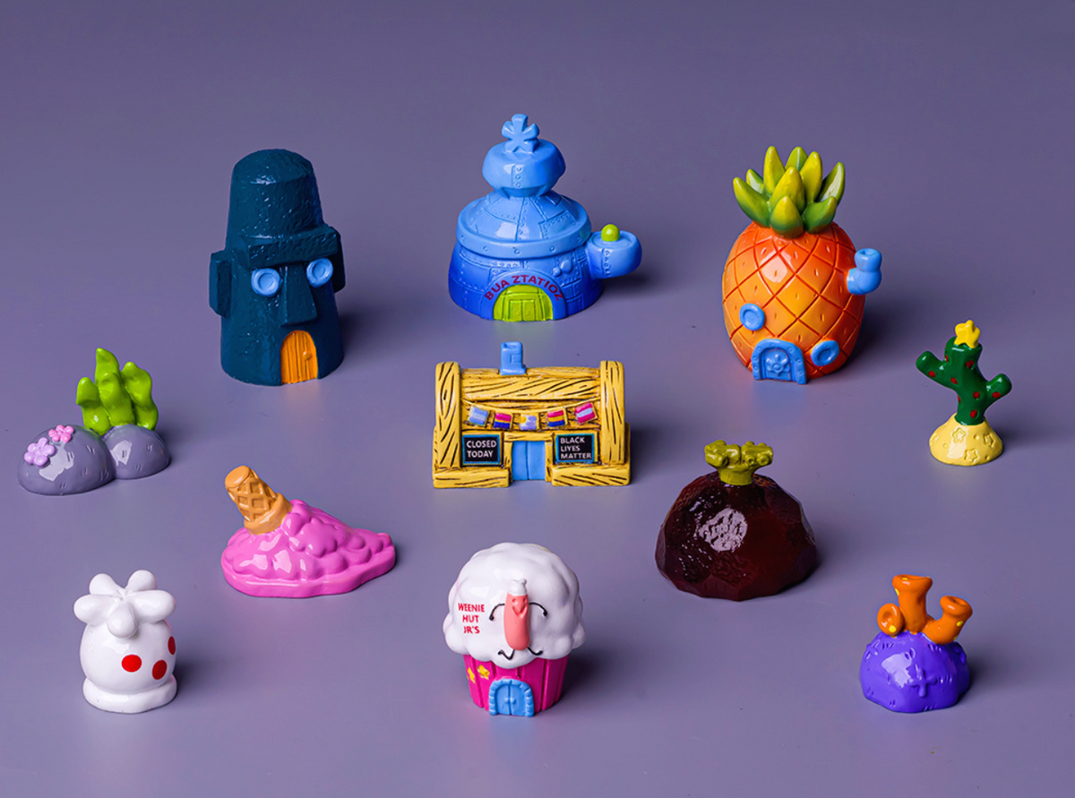 Cute Undersea Cartoon Town Miniature Scene Statues, Resin Micro Underwater Buildings & Coral Reef Ornaments for Aquarium, Desk Display, Car Dashboard Decor