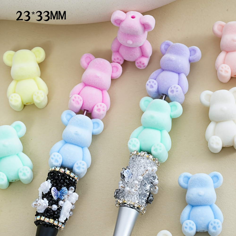 Cute Cartoon 3D Mixed Color Flocking Bear Straight Hole Beads | Acrylic Bead for DIY Bracelet Keychain Jewelry Making