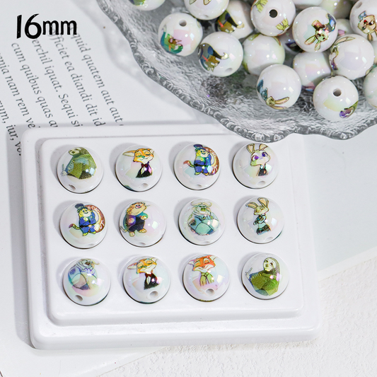 16MM New Acrylic Round Bead Nick Judy White Printed Straight Hole Bead