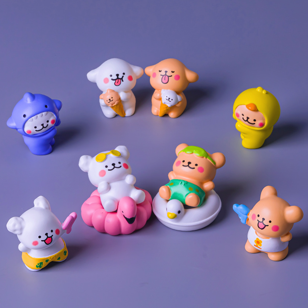 Kawaii Summer Beach Bear Miniature Figures Set, Cute Cartoon Animal Dolls with Swim Rings & Sun Hats, Resin Micro Desktop Decor, Car Dashboard & Planter Accents
