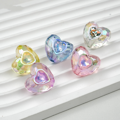 Colorful Heart-shaped Acrylic Straight Hole Beads Inlaid with Diamonds