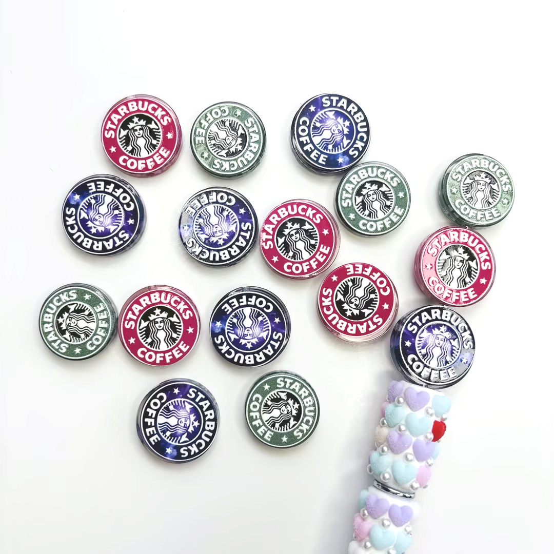 Classic Coffee Brand Emblem Focal Beads Lot — Green & Purple Galaxy Cafe Large Hole Resin Beads for DIY Pens & Keychains