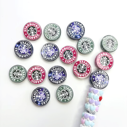 Classic Coffee Brand Emblem Focal Beads Lot — Green & Purple Galaxy Cafe Large Hole Resin Beads for DIY Pens & Keychains
