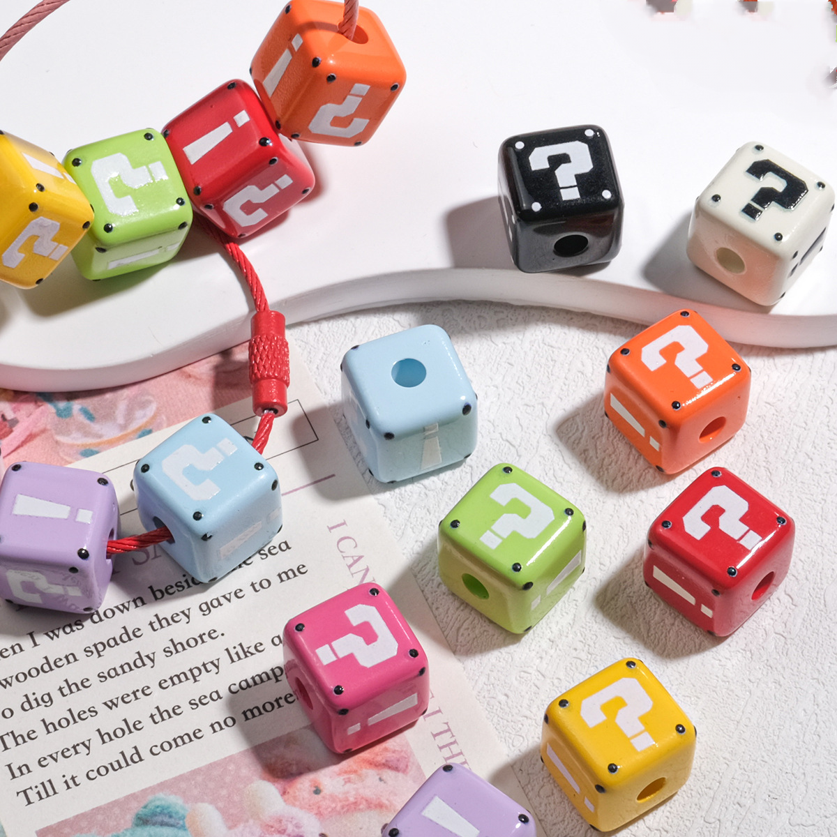 10pcs Large Hole Cube Beads Mixed Colors - 14mm Question Mark & | Acrylic Bead for DIY Bracelet Keychain Jewelry Making