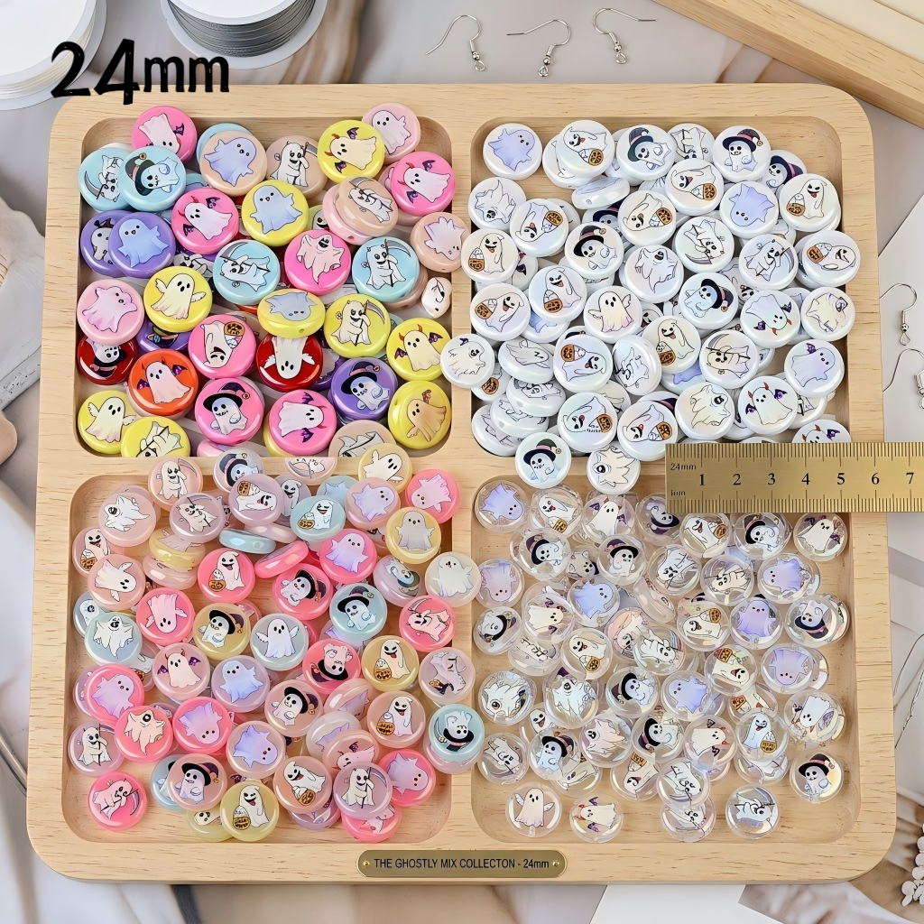 24mm Halloween Ghost Acrylic Beads, 4 Styles Iridescent Cute Ghost | Acrylic Bead for DIY Bracelet Keychain Jewelry Making