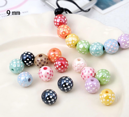 9mm UV Glossy Acrylic Checkerboard Beads, Starburst Carved Round Spacer Beads with 2mm Hole for DIY Phone Charm, Keychain, Jewelry Making