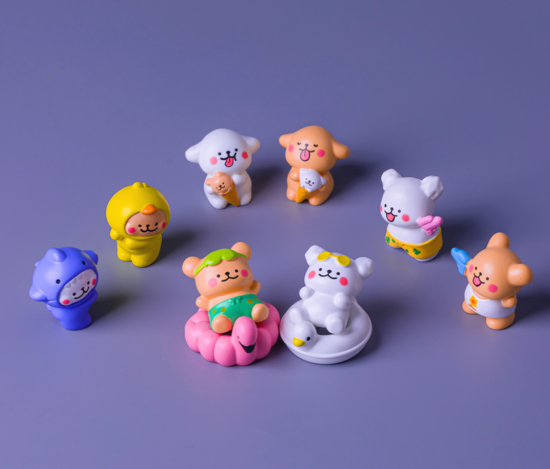 Kawaii Summer Beach Bear Miniature Figures Set, Cute Cartoon Animal Dolls with Swim Rings & Sun Hats, Resin Micro Desktop Decor, Car Dashboard & Planter Accents