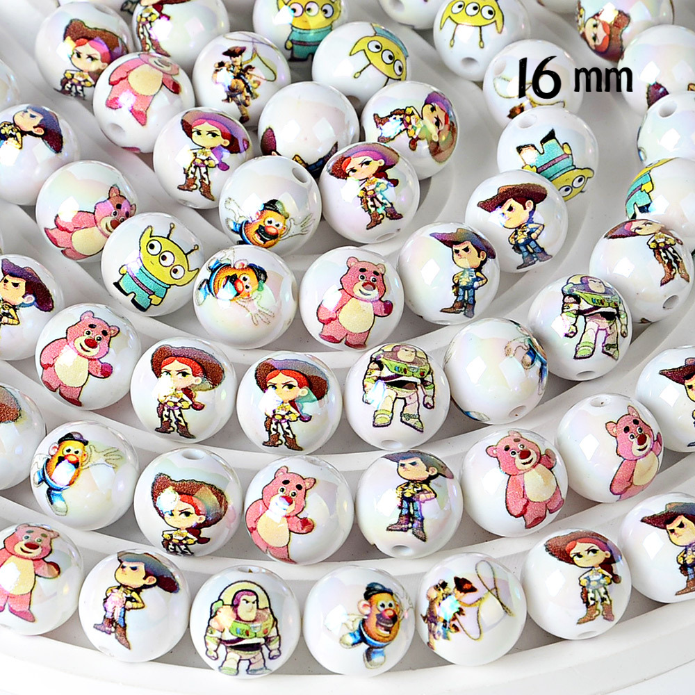 16mm Toy Story Theme Cartoon Beads - Iridescent AB White Round | Acrylic Bead for DIY Bracelet Keychain Jewelry Making