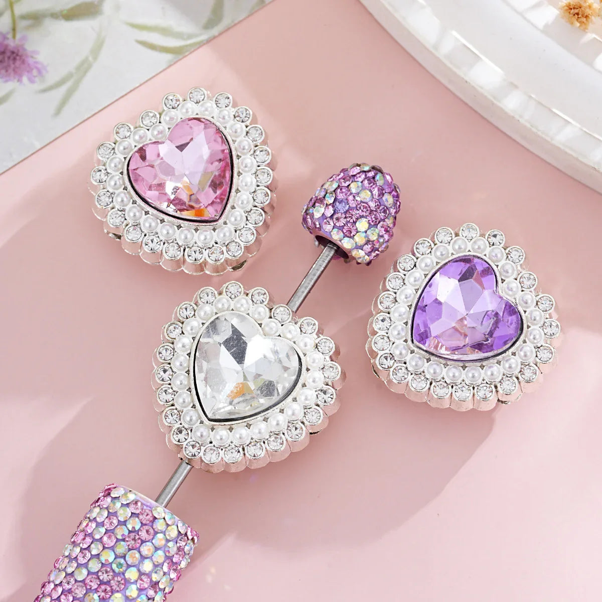 Diamond-encrusted colorful double-sided alloy love heart-shaped beads