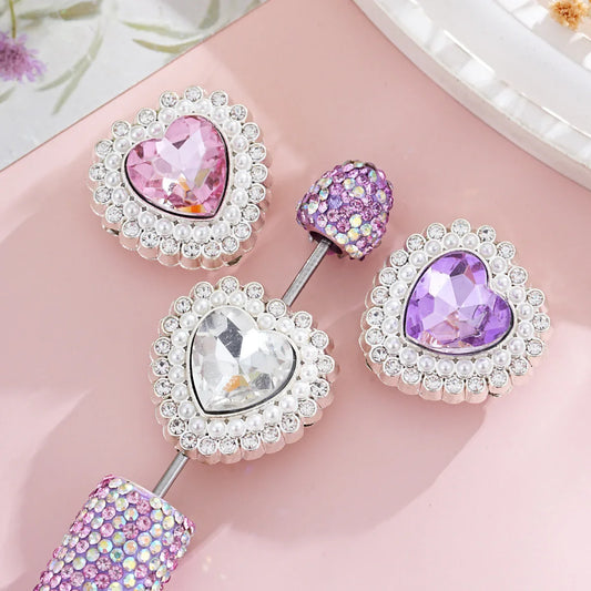 Diamond-encrusted colorful double-sided alloy love heart-shaped beads