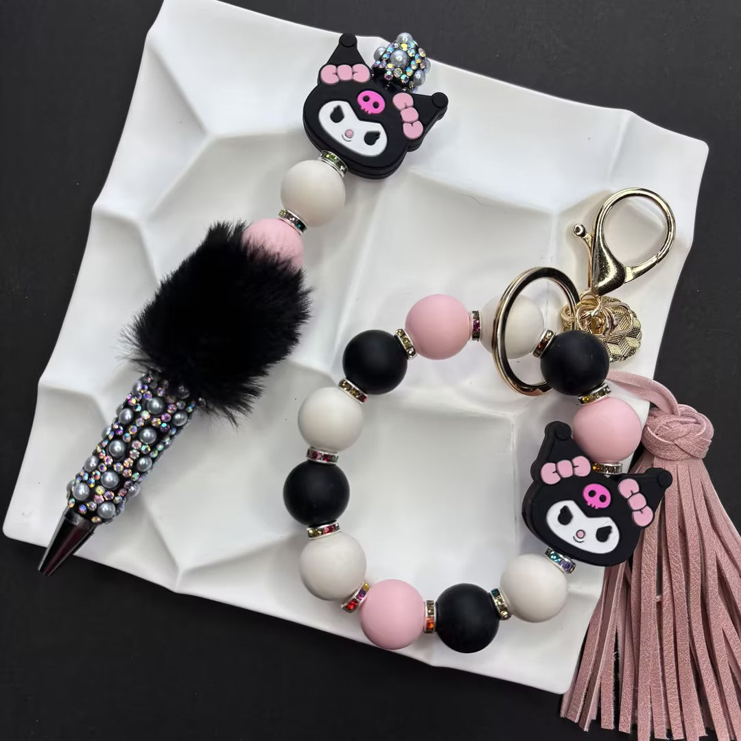 The "Goth-Cute" Collection: Kuromi Beaded Pen & Keyring Bundle | DIY Bead Bracelet Keychain & Jewelry Craft Supply