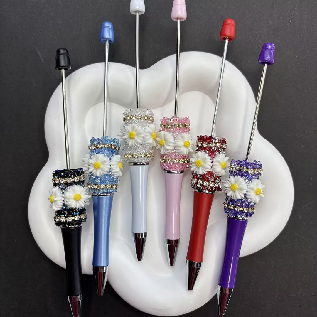 3pcs / Handmade Daisy Beaded Pens with Bling Crystals - Black, Blue & White | DIY Beadable Pen Craft Gift Idea