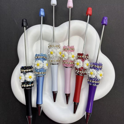 3pcs / Handmade Daisy Beaded Pens with Bling Crystals - Black, Blue & White