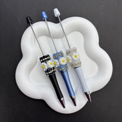 3pcs / Handmade Daisy Beaded Pens with Bling Crystals - Black, Blue & White
