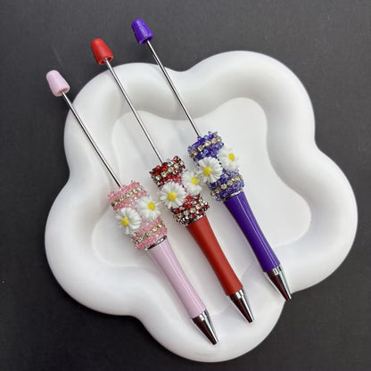 3pcs / Handmade Daisy Beaded Pens with Bling Crystals - Black, Blue & White