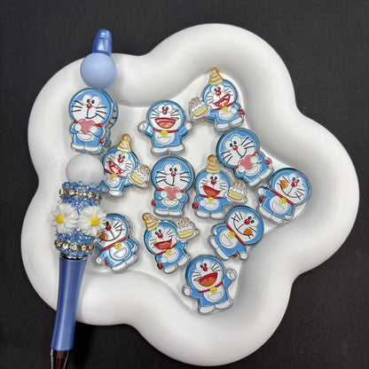 Cute Blue Robot Cat Enamel Focal Beads - Doraemon Style Charms for Beadable Pens, DIY Lanyards & Keychains (Mixed Designs)