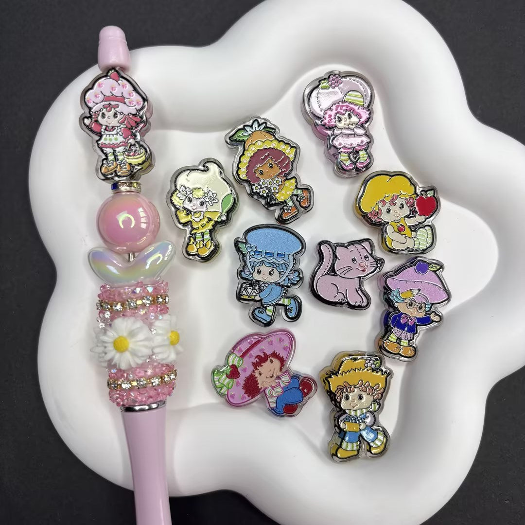 Embossed Strawberry Girl and Cat Acrylic Straight Hole Beaded Bracelet