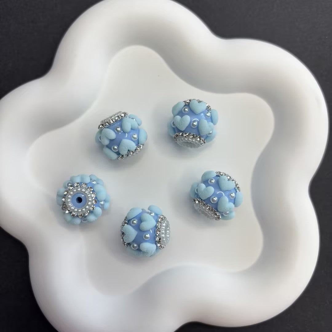 Luxurious Flocked Heart Large Hole Beads - Pearl & Rhinestone | Acrylic Bead for DIY Bracelet Keychain Jewelry Making