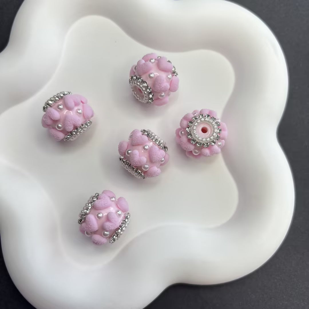 Luxurious Flocked Heart Large Hole Beads - Pearl & Rhinestone | Acrylic Bead for DIY Bracelet Keychain Jewelry Making